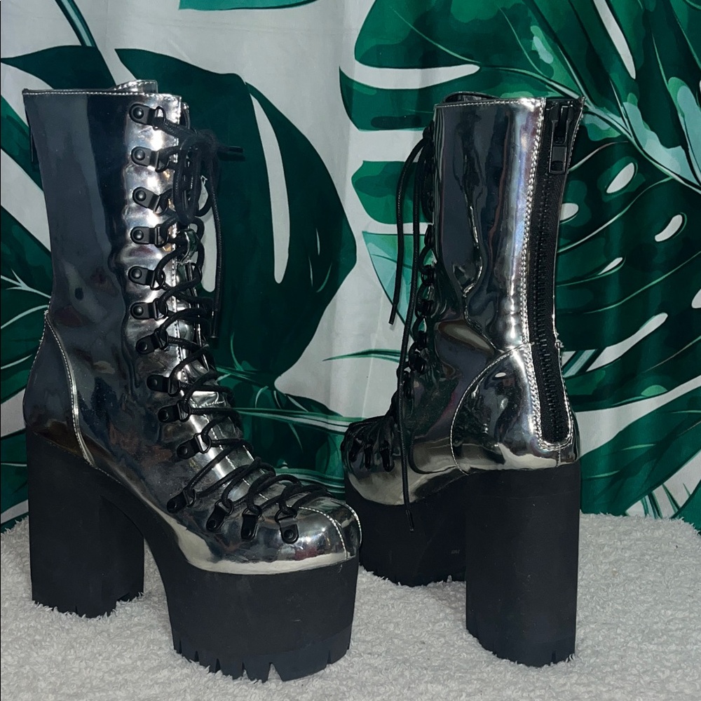 Shiny Silver Lace-Up Platform Boots